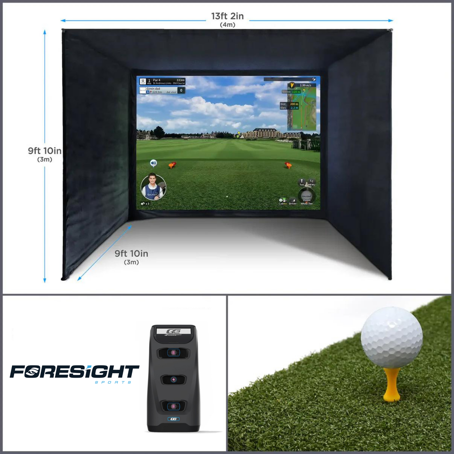 BUILD YOUR OWN ENCLOSURE BUNDLE SIM 6 - (13'2 x 9'10 x 9'10 ft 4 x 3 x 3 m) Tee Turf FORESIGHT - GC3 LAUNCH MONITOR