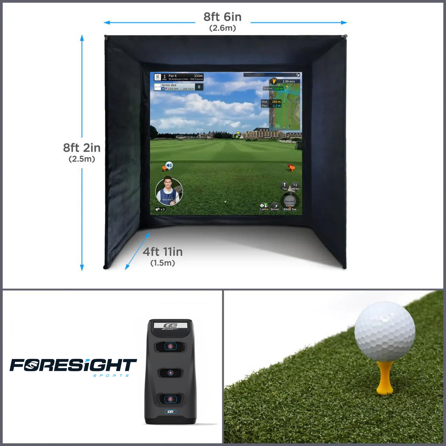 BUILD YOUR OWN ENCLOSURE BUNDLE SIM 1 - (8'6 x 8'2 x 4'11 ft 2.6 x 2.5 x 1.5m) Tee Turf FORESIGHT - GC3 LAUNCH MONITOR
