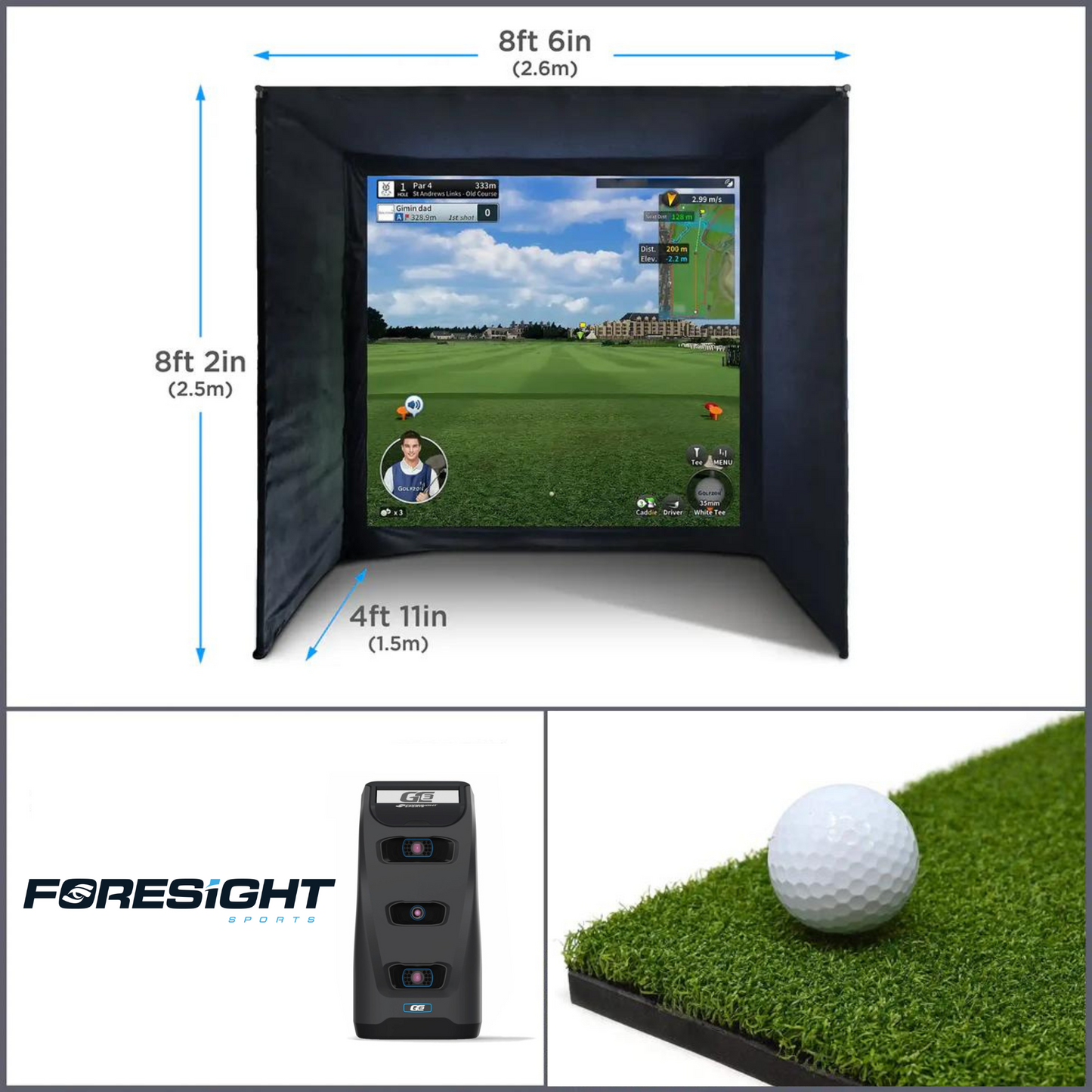 BUILD YOUR OWN ENCLOSURE BUNDLE SIM 1 - (8'6 x 8'2 x 4'11 ft 2.6 x 2.5 x 1.5m) Standard FORESIGHT - GC3 LAUNCH MONITOR