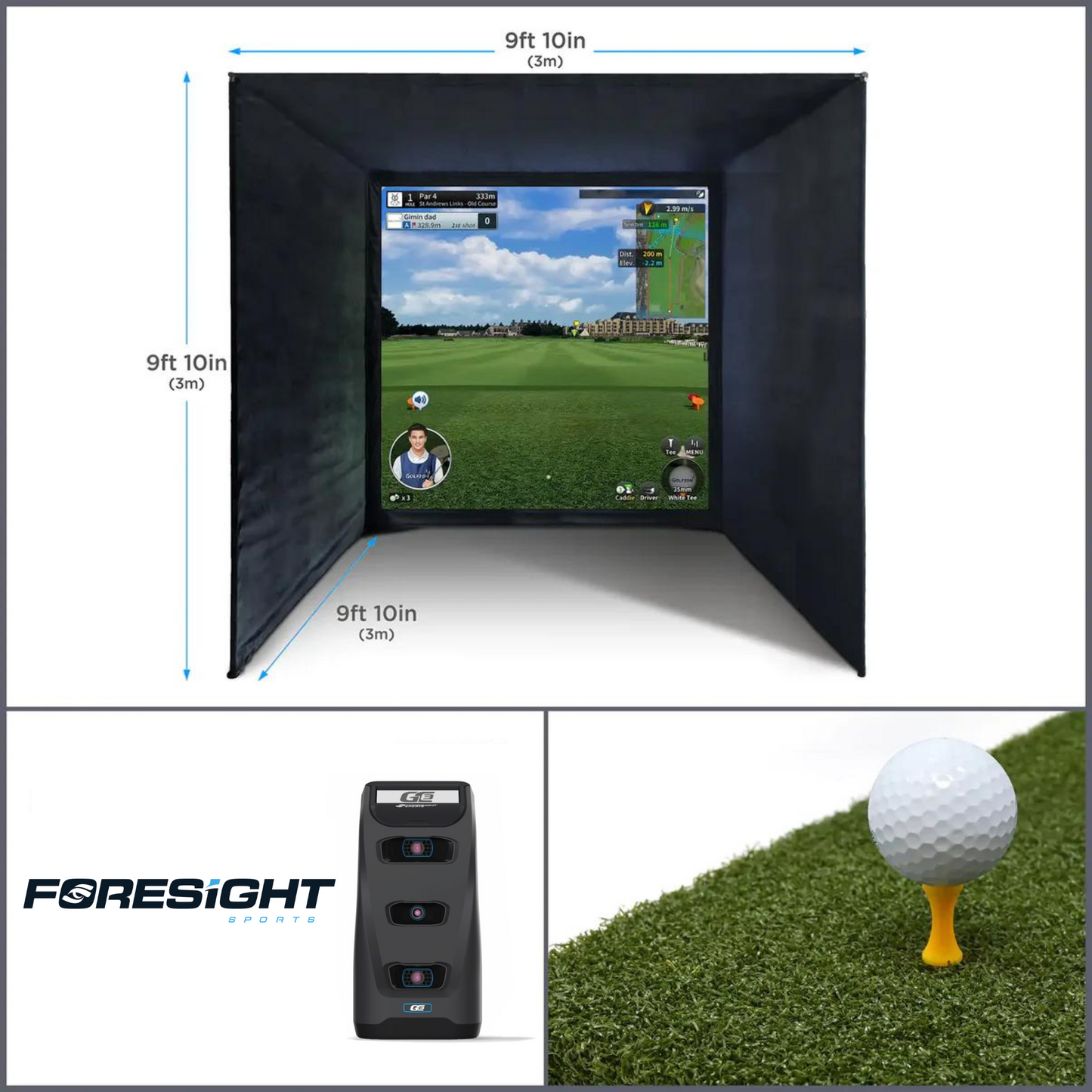 BUILD YOUR OWN ENCLOSURE BUNDLE SIM 5 - (9'10 x 9'10 x 9'10 ft 3 x 3 x 3 m) Tee Turf FORESIGHT - GC3 LAUNCH MONITOR